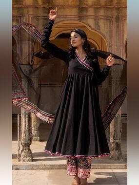 Gorgeous cotton Angrakha dress with gotapatti work. Comes with matching potli